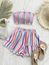 Colorful Stripe Strapless Pleated Ruffle Top And Shorts Set, Romantic Casual Vacation Women's Outfit, Summer